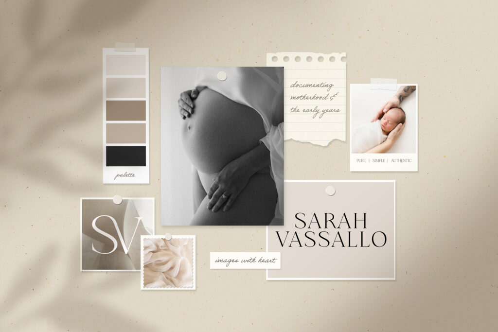 Flat lay of a moodboard for branding design for Sarah Vassallo Photography, Sydney newborn photographer, showing colour palette swatches, portfolio images, and logo design.