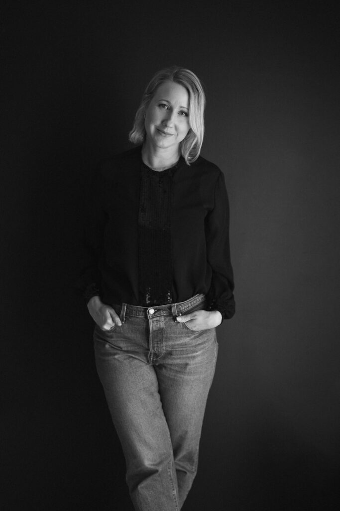 Black and white image of Sarah, photographer at Sarah Vassallo Photography studio
