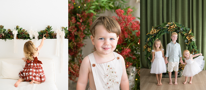 Collage of three christmas mini session setups by Sutherland Shire Family Photographer Sarah Vassalo